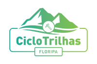 Ilustração de montanhas, mar e ao centro uma chibanca com uma escrita maoir "CicloTrilhas" e "Floripa"